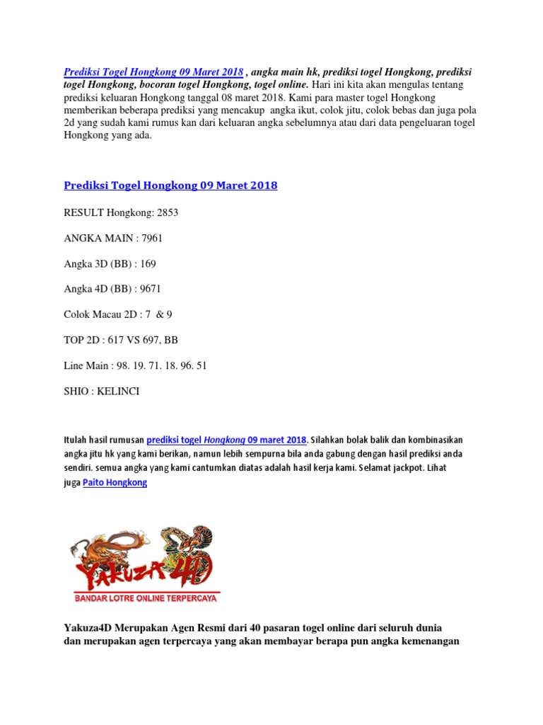Prediksi Togel Hongkong 09 Maret 2018