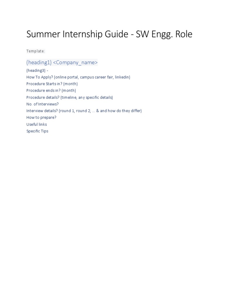 Summer Internship Guide - SW Engg. Role: (Heading1) | PDF | Information ...