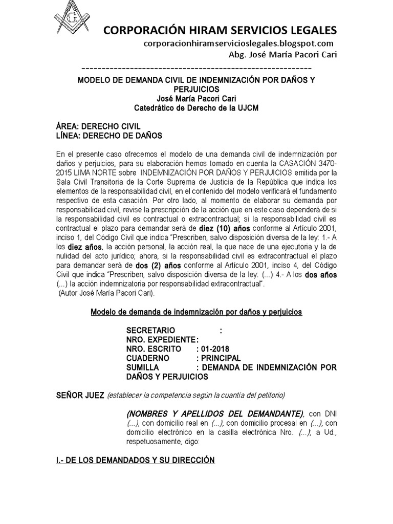 Modelo de Demanda Civil de Indemnizacion Por Danos y Perjuicios Jose Maria  Pacori Cari | PDF | Intención (Derecho Penal) | Conceptos legales