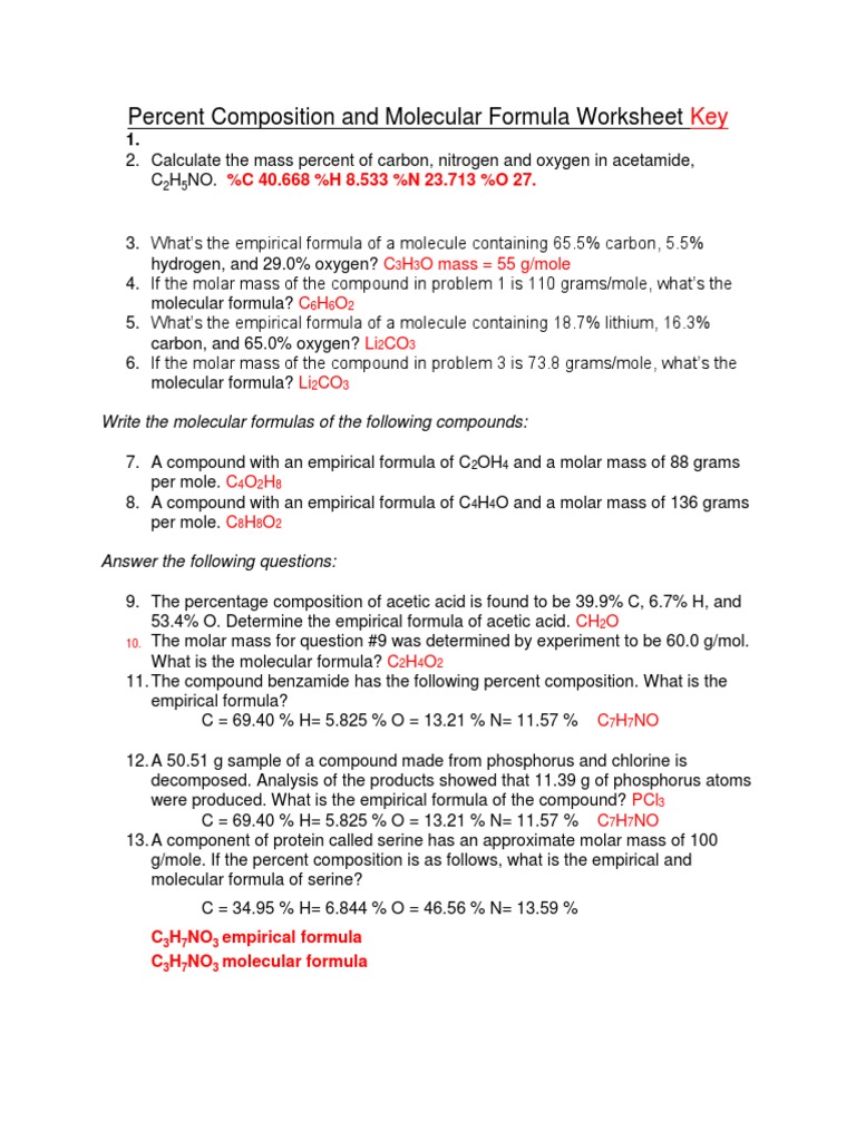Percent Composition And Molecular Formula Worksheet Key