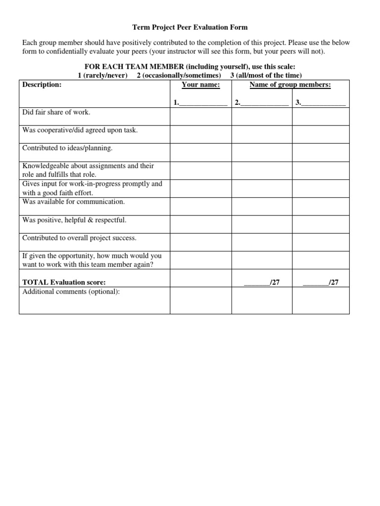 Peer Evaluation Form for Group Projects | PDF