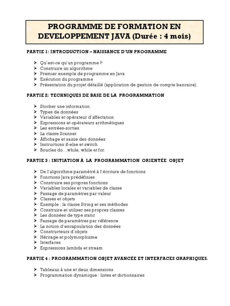Programme De Formation En Developpement Java Duree 4 Mois Java Langage De Programmation Interface Informatique