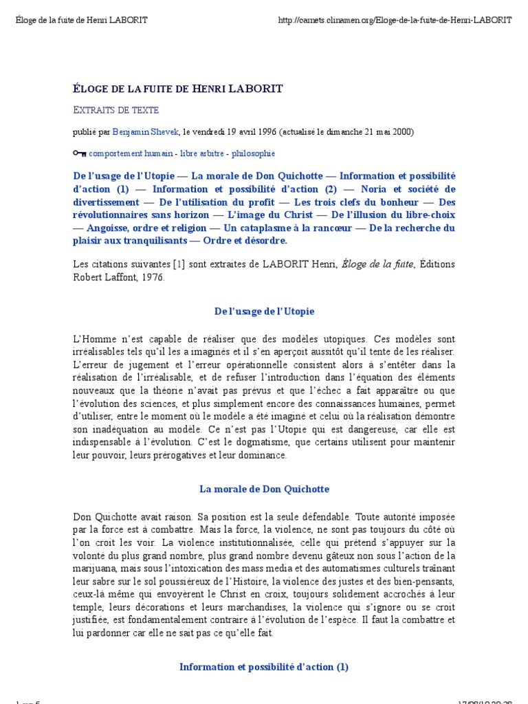 Éloge de La Fuite de Henri LABORIT | PDF | Révolutions | Bonheur
