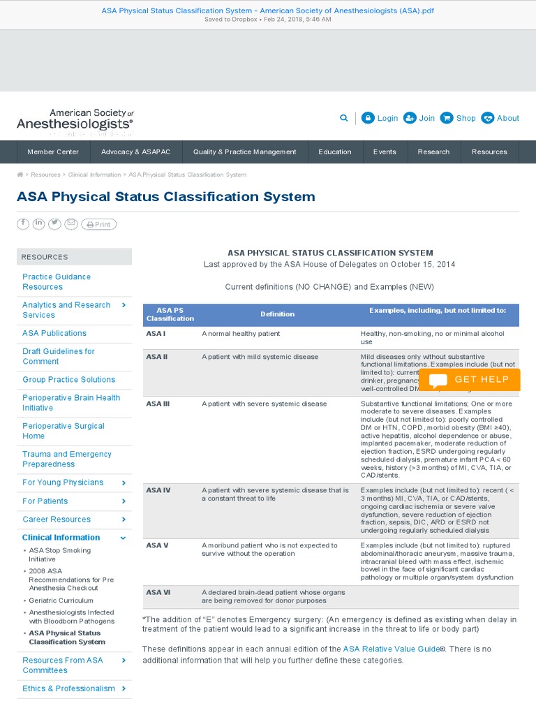 ASA Physical Status Classification System American Society of
