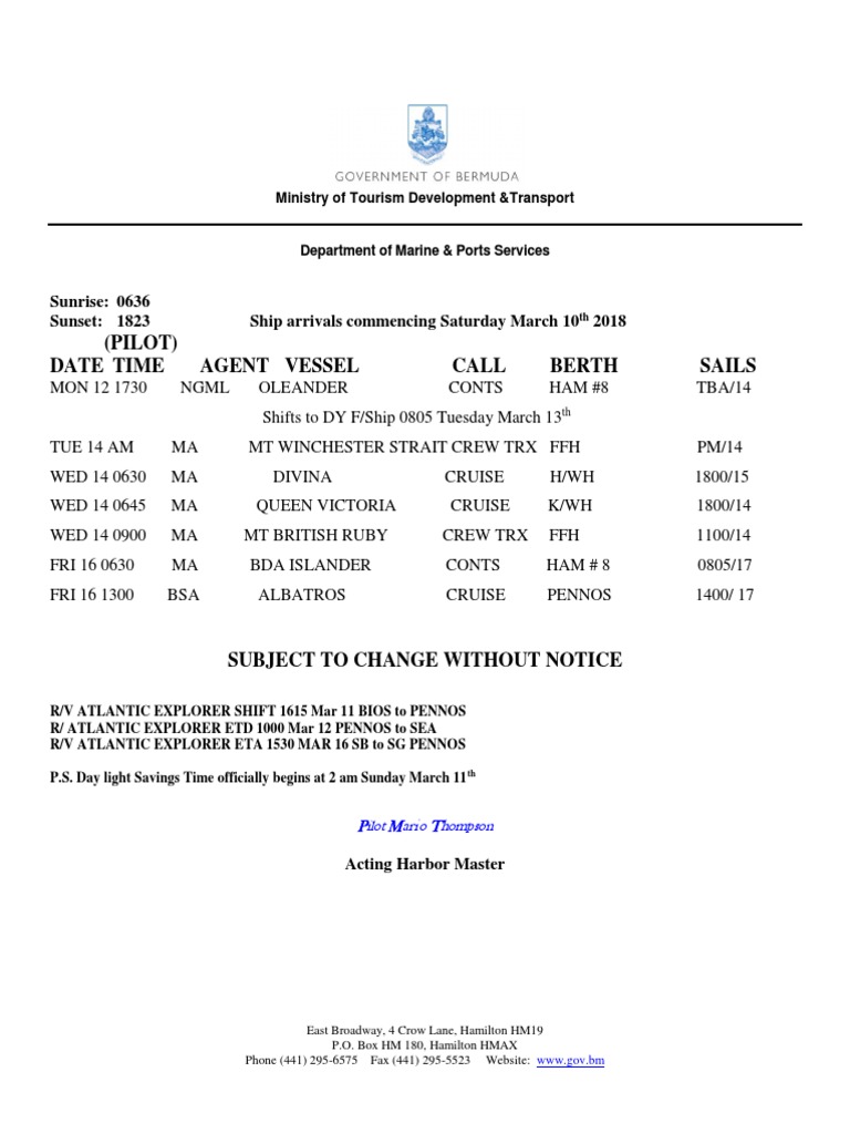 Ship Arrivals Schedule for March 2018 | PDF