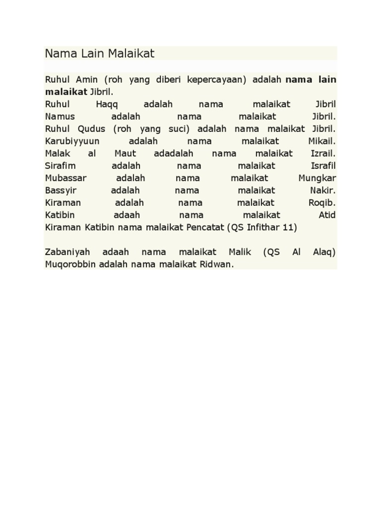Nama Lain Malaikat