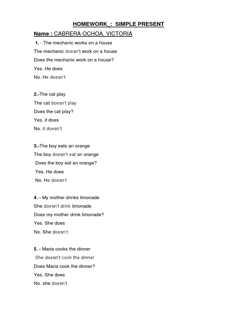Simple Present Tense Homework Exercises | PDF