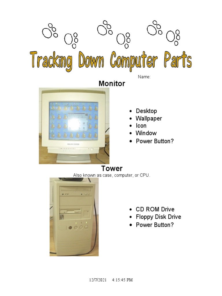 parts of a computer worksheet