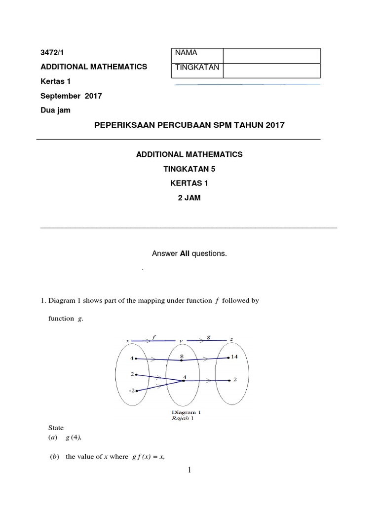 Peperiksaan Percubaan Spm Add Maths Paper 1 2017 Pdf Function Mathematics Logarithm
