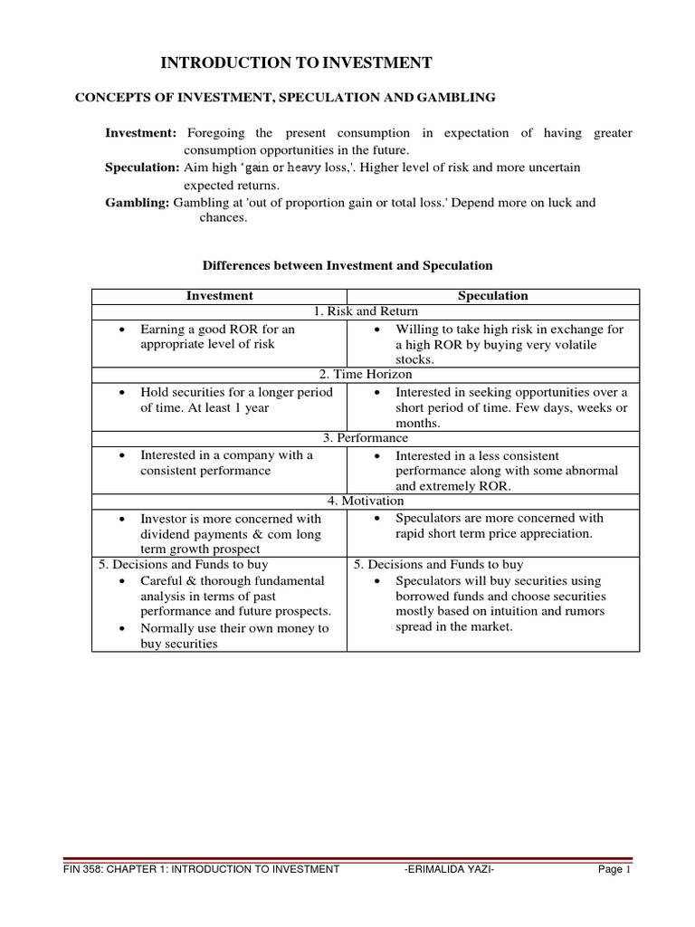 Difference Between Speculation Gambling And Investment