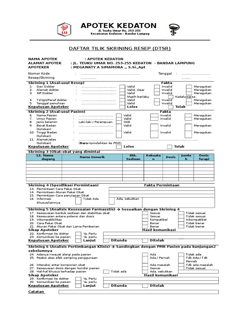 Daftar Tilik Skrining Resep Apotek Kedaton Megawaty