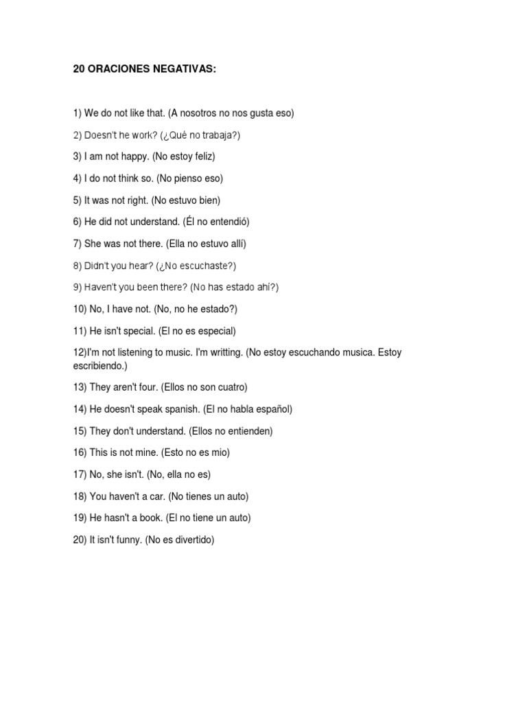 20 Oraciones Negativas Interrogativas Y Afirmativas En Ingles Y Español