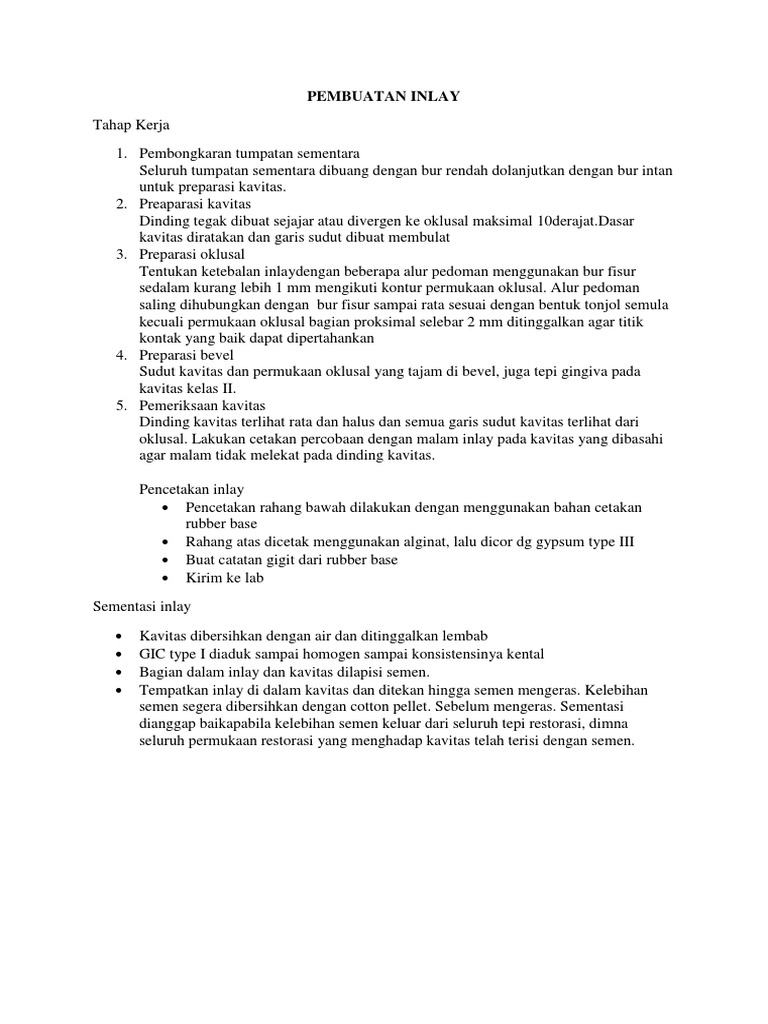 Tahap Tahap Pembuatan Inlay | PDF