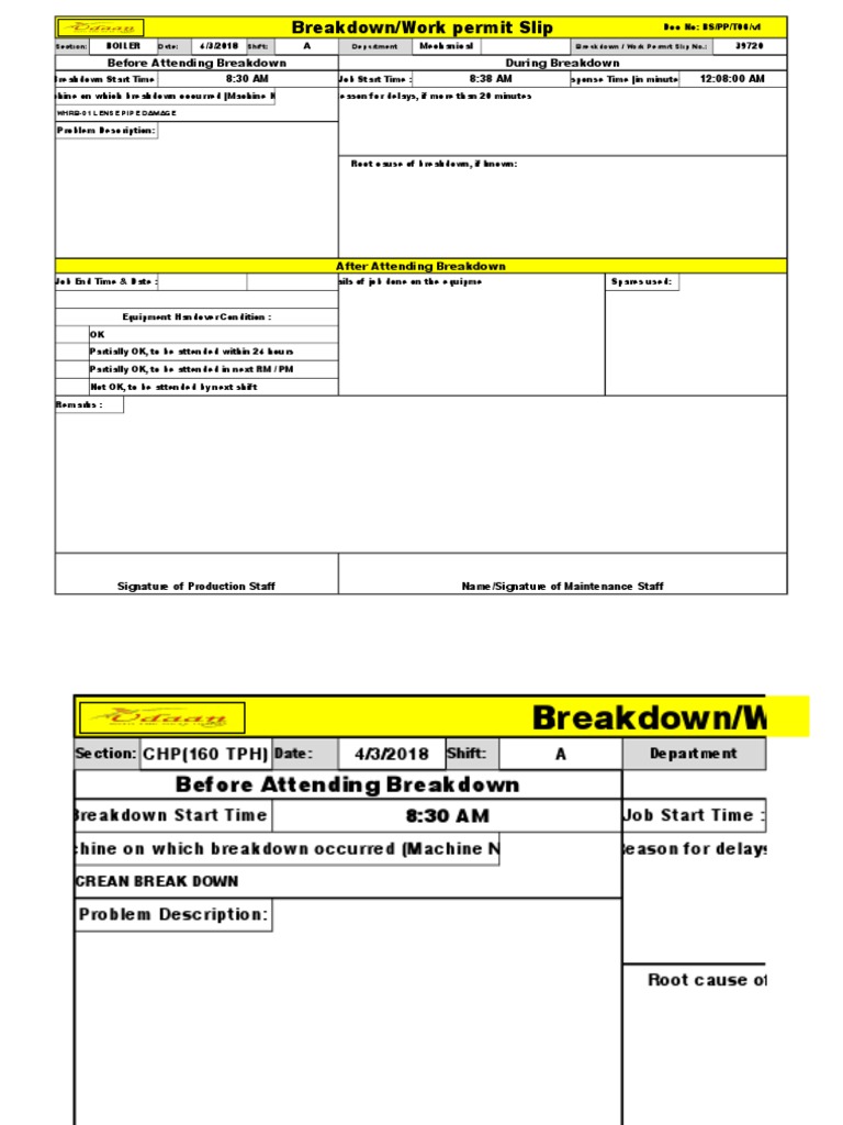 Machine Breakdown/Work Permit Slip | PDF | Nature