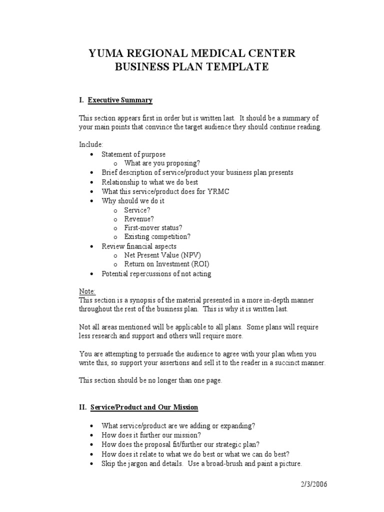 Yuma Regional Medical Center Business Plan Template I. Executive