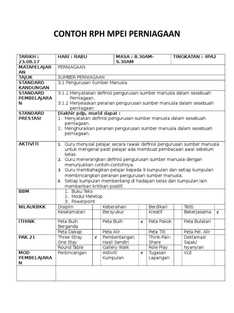 RPH Perniagaan Tingkatan 4: Sumber Manusia | PDF