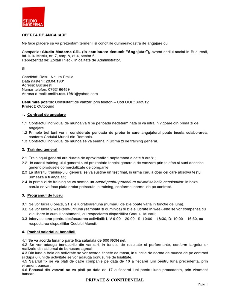 Oferta de Angajare Studio Moderna | PDF