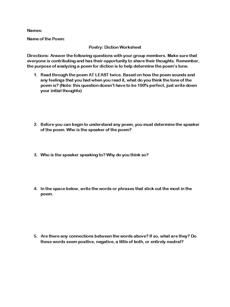 Diction Worksheet Poems PDF Poetry
