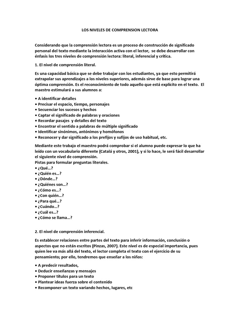 Niveles de Comprensión Lectora | PDF | Comprensión lectora | Ciencia ...