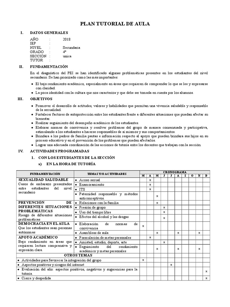 Plan Tutorial de Aula Secundaria | PDF | Salón de clases | Control de ...