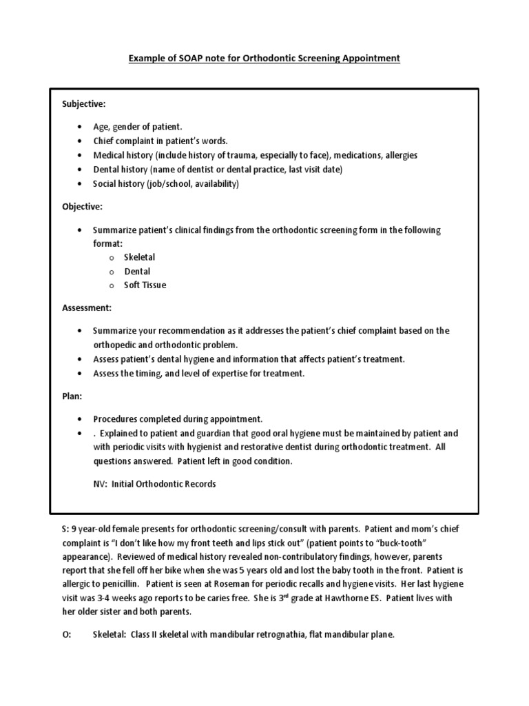 Example of SOAP Notes For Orthodontic Screening  PDF