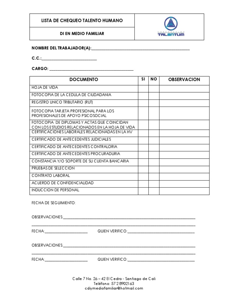 Lista de Chequeo Talento Humano | PDF