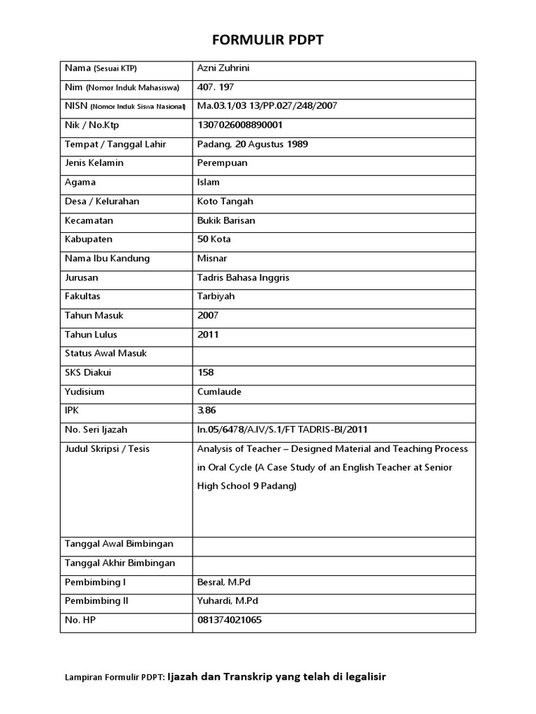Formulir PDPT | PDF