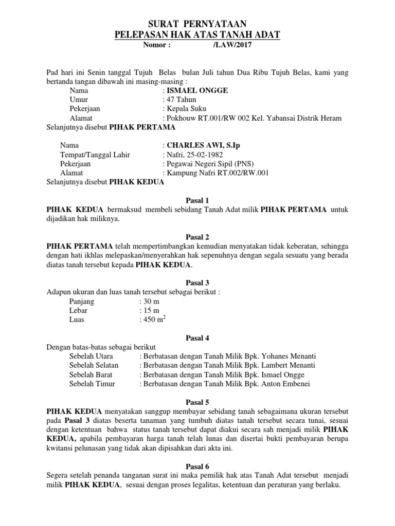 Format Baru Surat Pernyataan Pelepasan Hak Atas Tanah Adat 2017