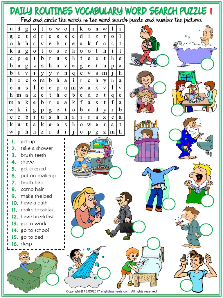 Daily Routines Vocabulary Esl Word Search Puzzle Worksheets For Kids | PDF