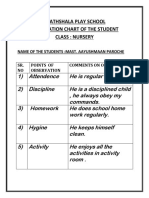 Paathshala Play School Observation Chart of The Student Class: Nursery