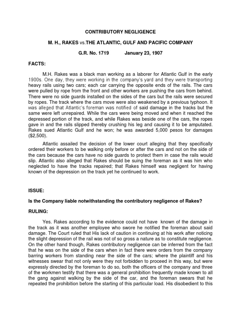 Contributory Negligence M. H., Rakes Vs The Atlantic, Gulf and