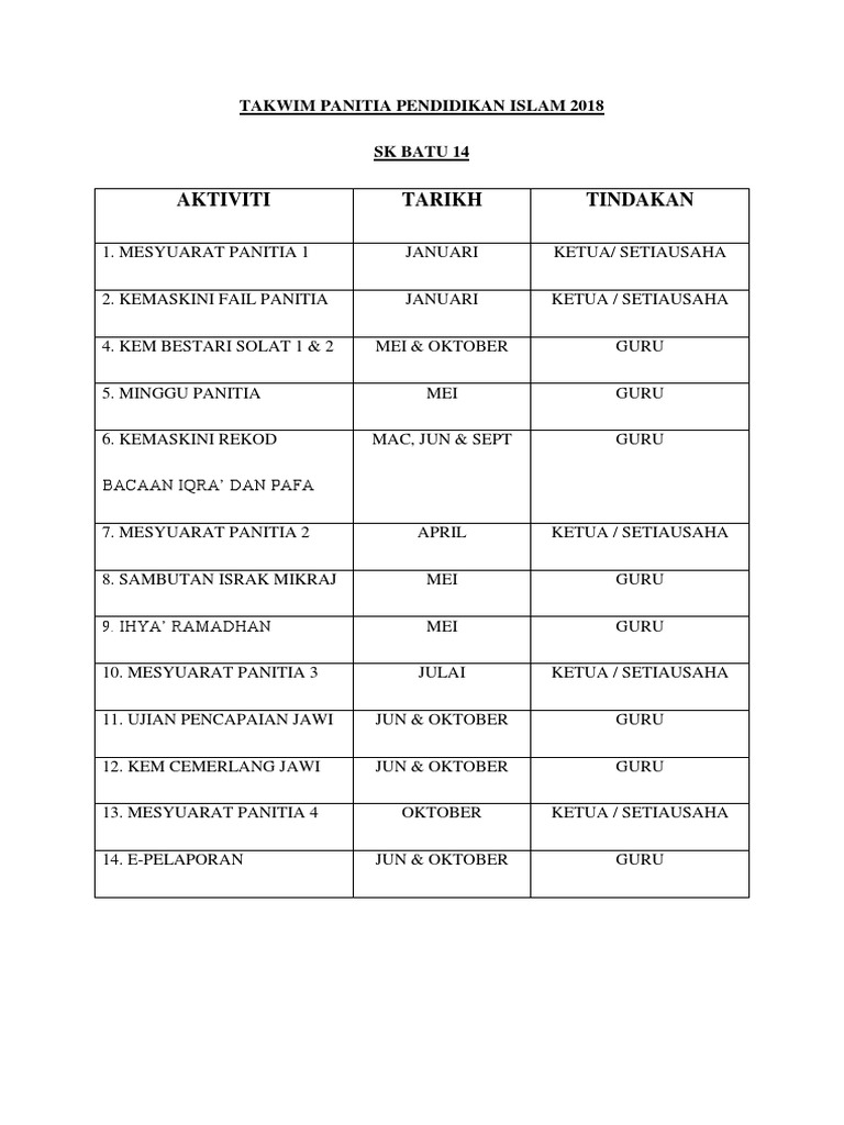 Takwim Panitia Pendidikan Islam 2018 Docx