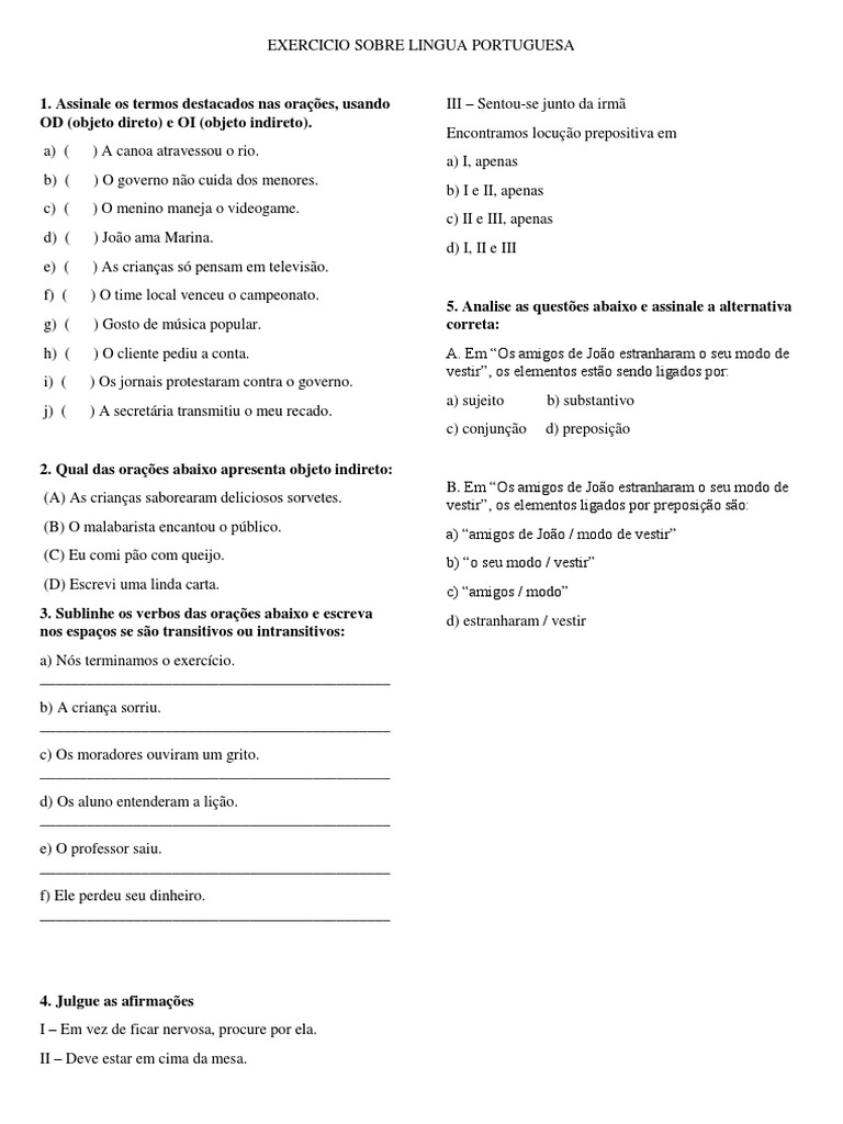 Exercicios De Objeto Direto E Indireto Em Espanhol