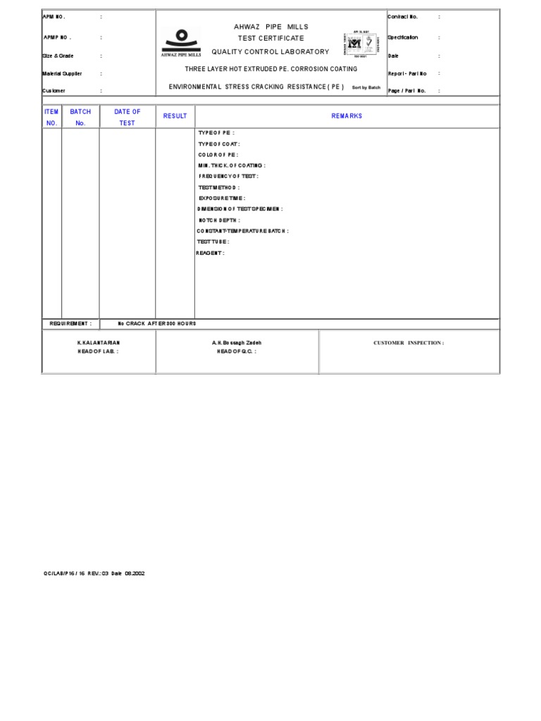 Ahwaz Pipe Mills Test Certificate Quality Control Laboratory | PDF