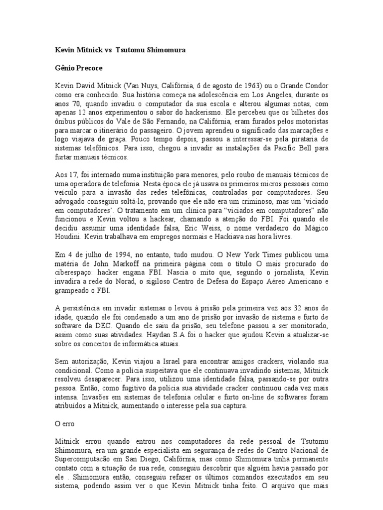 Kevin Mitnick vs Tsutomu Shimomura  Era da Informação  Informática