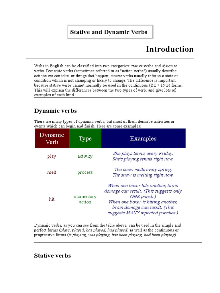 Stative and Dynamic Verbs: Dynamic Verb Type Examples | PDF | Semantics ...