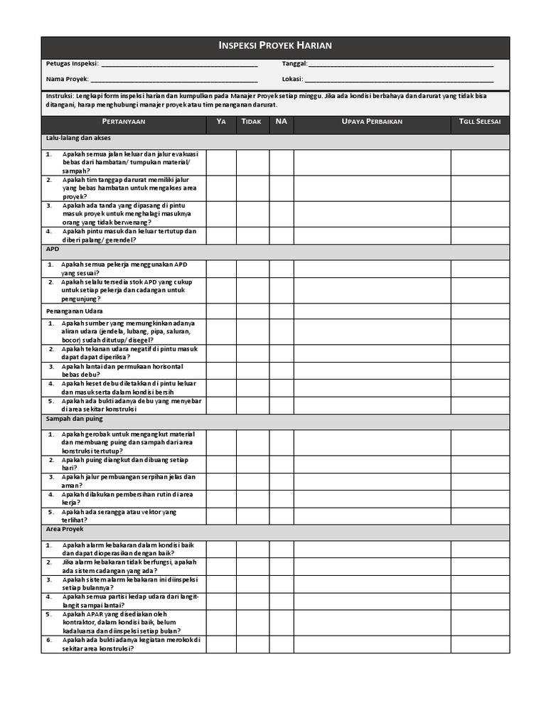 Formulir Inspeksi Proyek Harian K3 | PDF | Seni