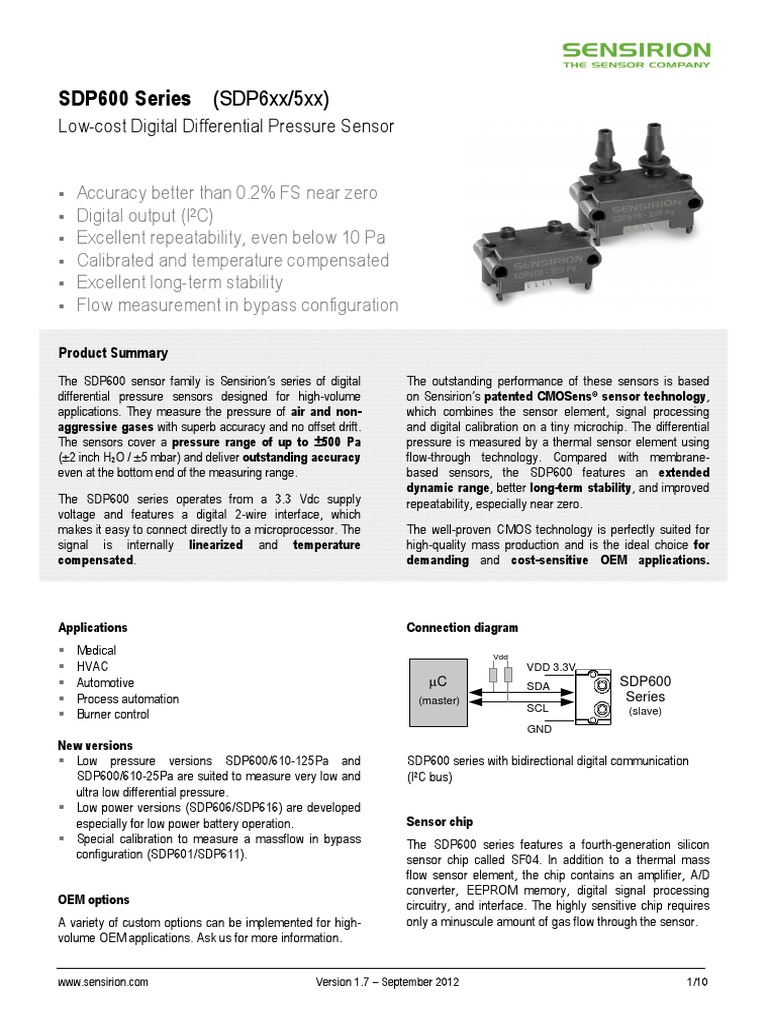 Sensirion Differential Pressure SDP600series Datasheet V1.7 PDF | PDF ...
