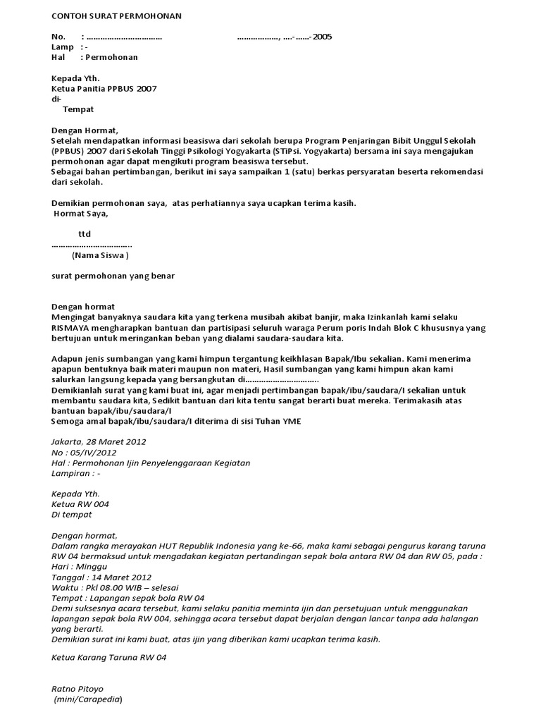 Contoh Surat Permohonan