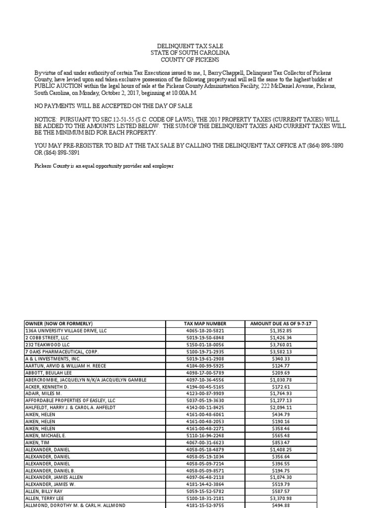 Notice of Delinquent Tax Sale for Pickens County, South Carolina to be