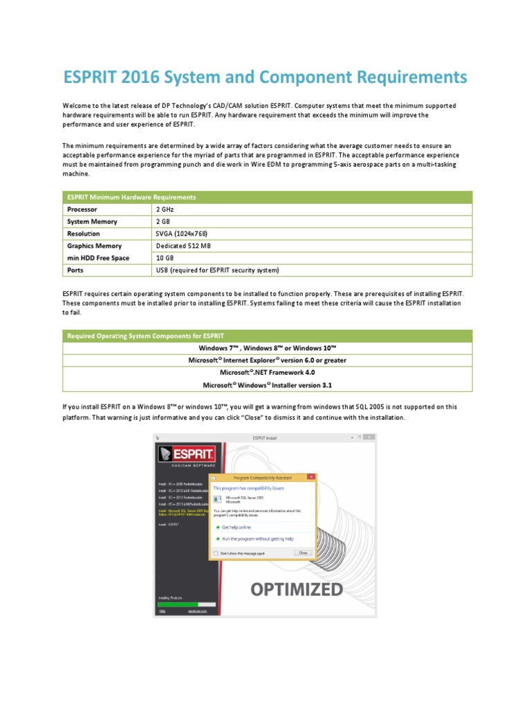 ESPRIT 2016 System and Component Requirements PDF Windows 8