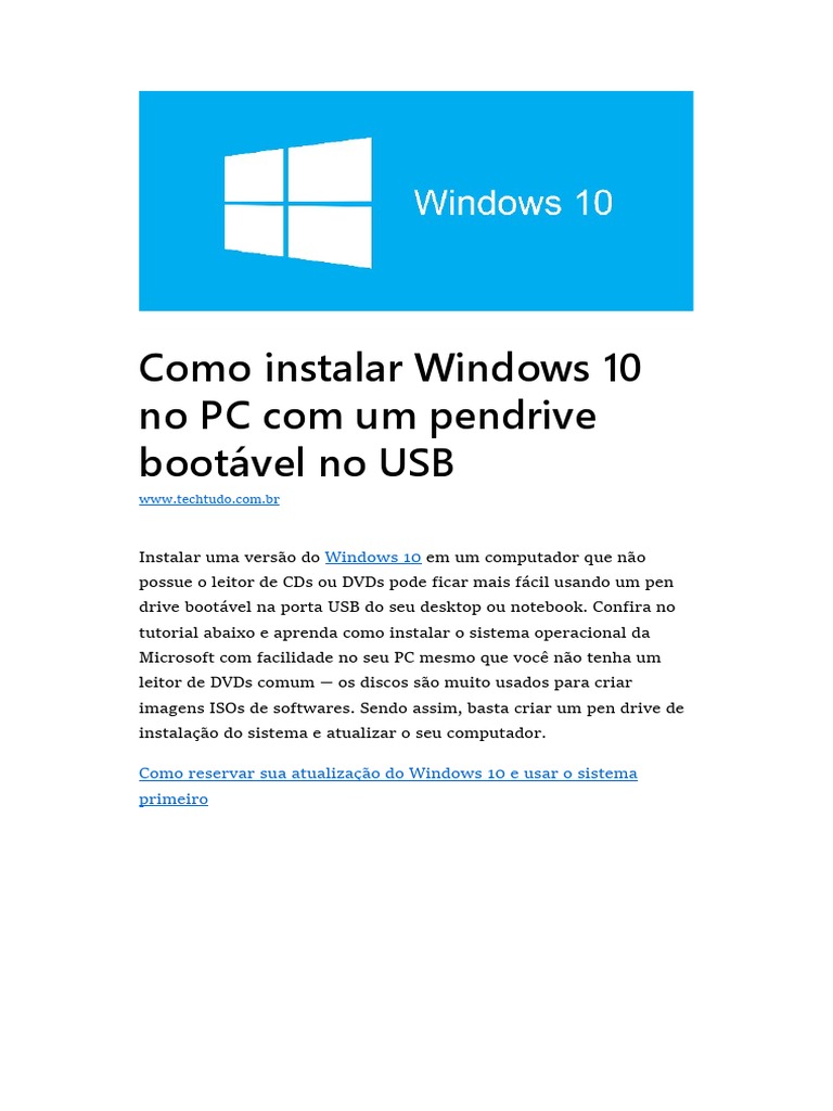 Instalação do Windows 10 via Pendrive | PDF | Windows 10 | Pen-drive