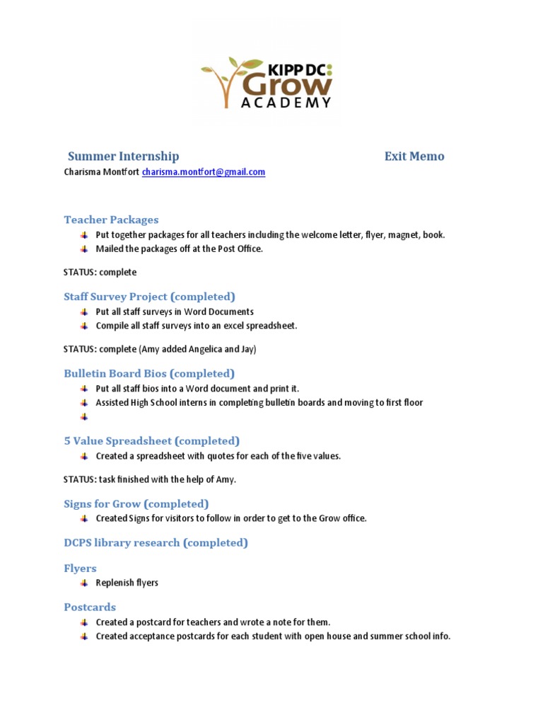Summer Internship Exit Memo: Teacher Packages | PDF