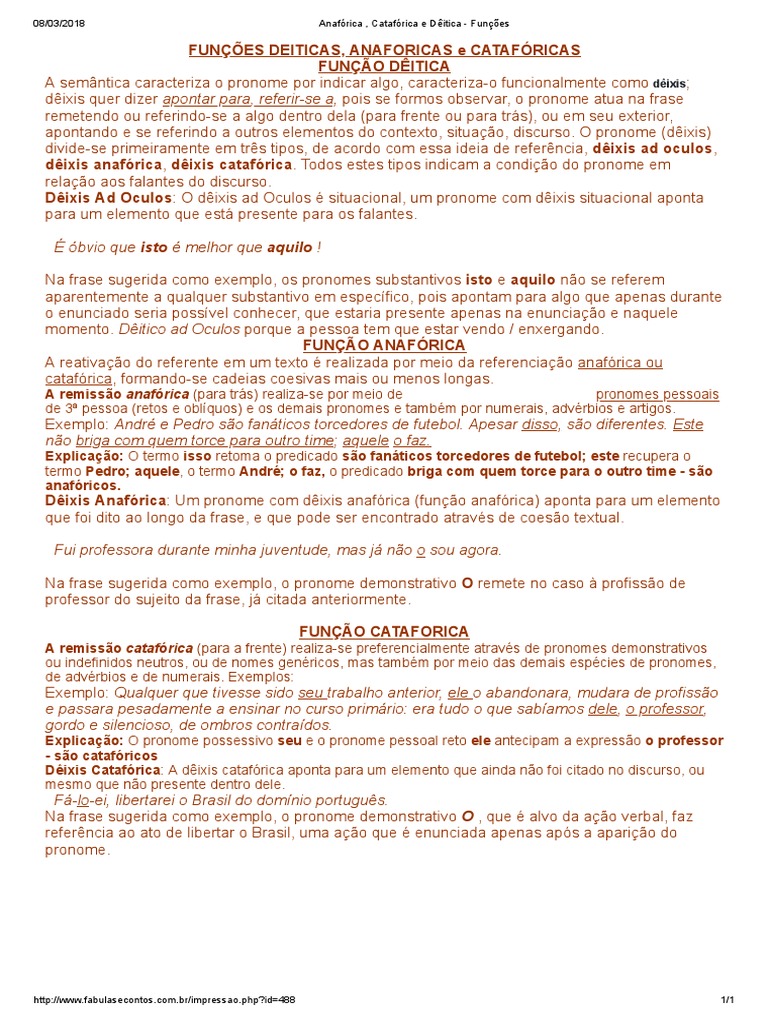 Anafórica, Catafórica e Dêitica - Funções | PDF | Pronome | Gramática