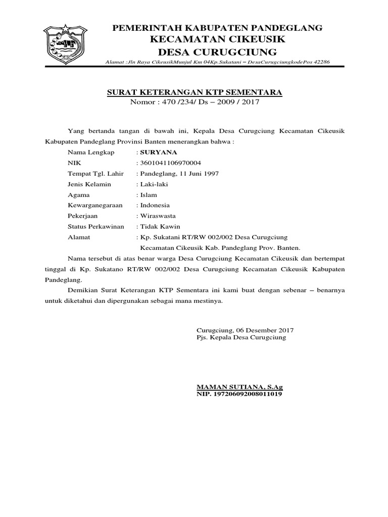 Surat Keterangan KTP Sementara Desa Curugciung | PDF