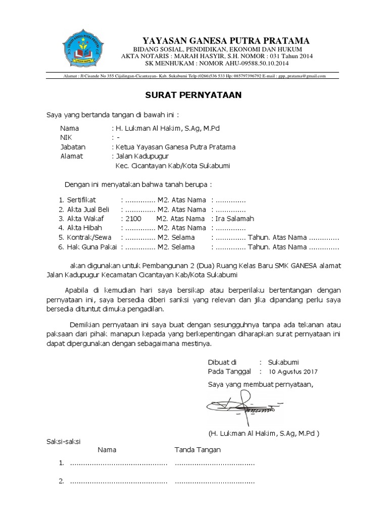 Surat Pernyataan Menghibahkan Tanah