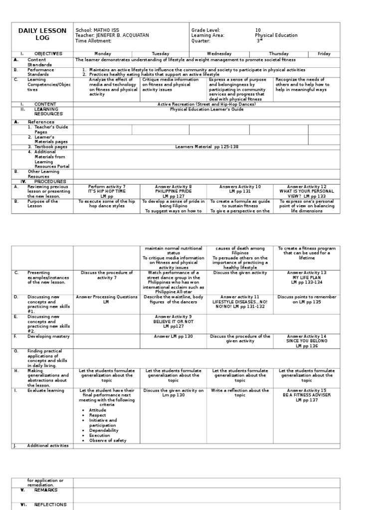 Grade 10 PE 3rd Quarter Lesson Plans | PDF | Physical Education ...