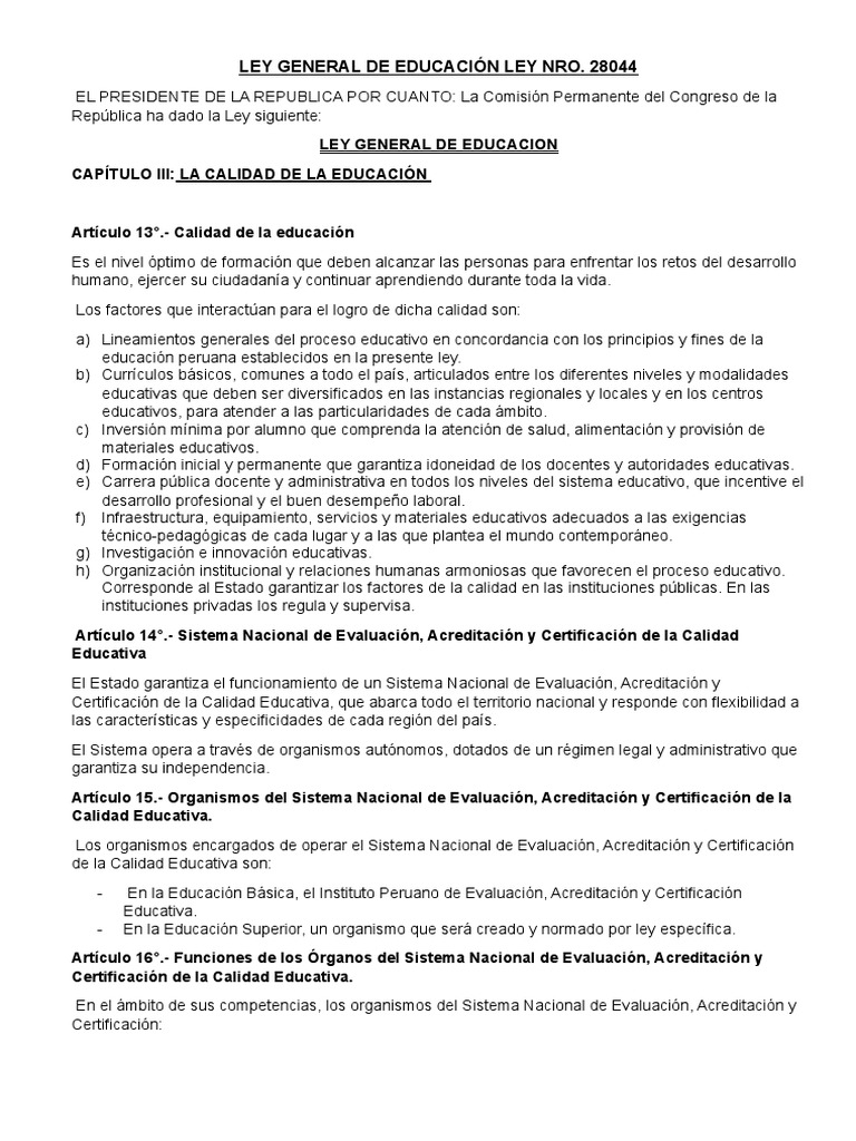 Ley General de Educación N° 28044 | PDF | Evaluación | Calidad (comercial)