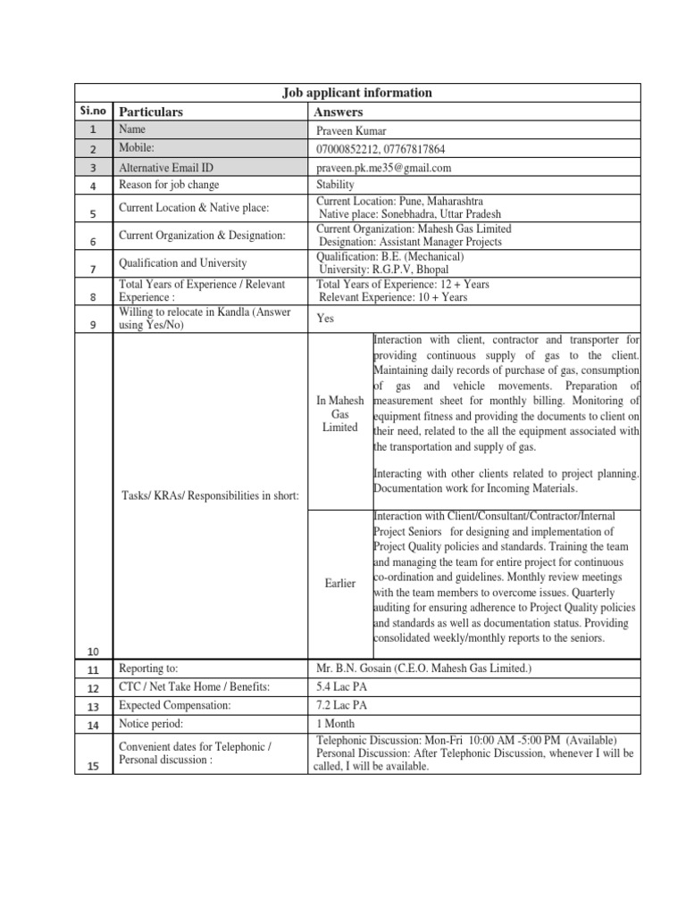Particulars: Job Applicant Information Answers | PDF | Business