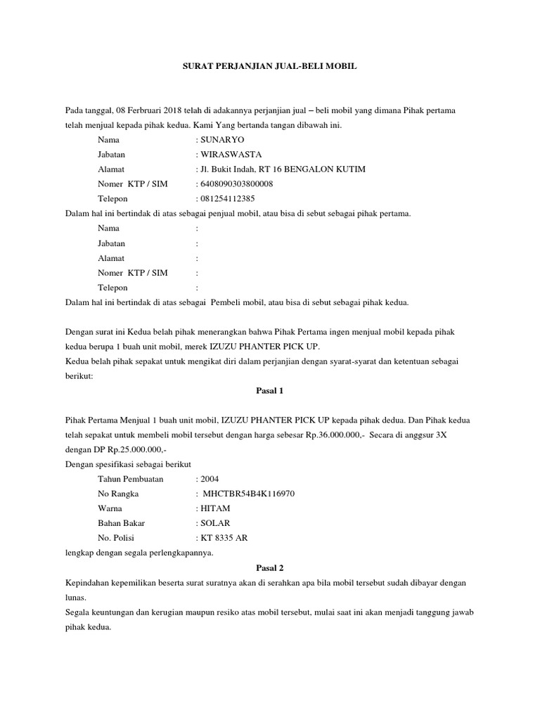 Contoh Surat Jual Beli Mobil Bekas Word